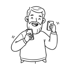 Cartoon bearded caucasian male adult juggling two smartphones cheerfully – stock vector icon in line style