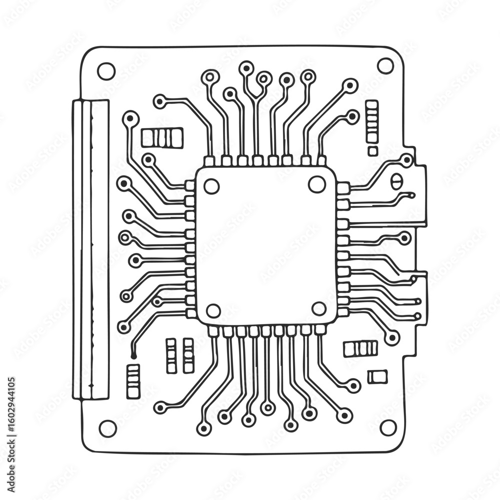 Poster schematic circuit board design with microchip and connected paths – stock vector icon in line style