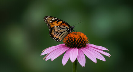 Fototapeta premium A monarch butterfly perched delicately on a coneflower in bloom.