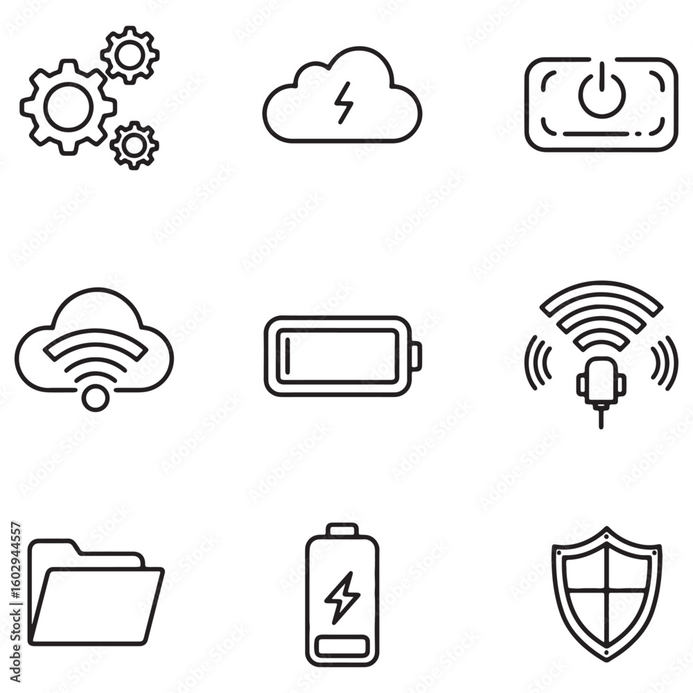 Aufkleber Collection of minimalist tech icons depicting settings cloud computing battery and security elements