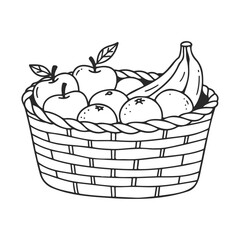 Fototapeta premium Basket of fruits: apples, oranges, banana drawing – stock vector icon in line style