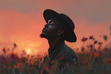 A Black man wearing an open hat, in the center of his head is the sun rising behind him and surrounded by poppies, cinematic album cover art with ambient lighting.