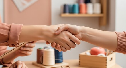 Two people shaking hands in a creative workshop setting with spools of thread symbolizing a collaborative business venture