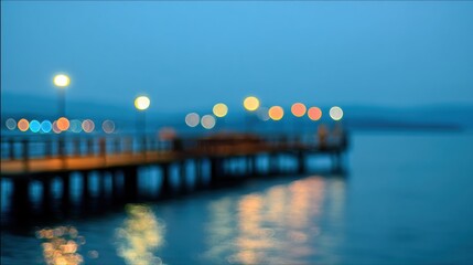 Gentle nighttime glow on a pier over tranquil water.