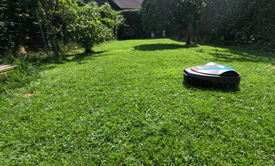 A robotic lawn mower cutting green lawn during a sunny day. The machine is scheduled to automatically cut daily and efficiently trims and maintains backyards