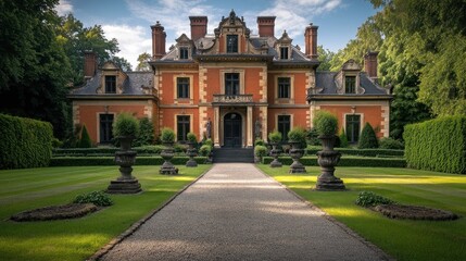 Naklejka premium Grand, terracotta mansion with formal gardens
