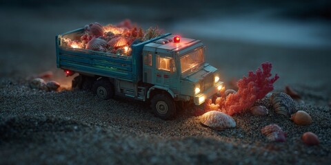 Seashells truck on beach at night