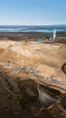Stunning aerial view of Hverir geothermal landscape in Iceland with vibrant colors and natural...