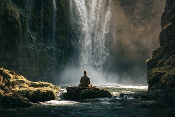 A person sitting in front of the waterfall, meditating and praying for divine protection. 