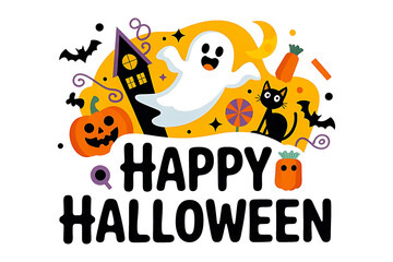 Cute Halloween Cartoon Illustration – Ghost, Pumpkin and Cat Design