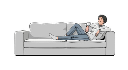 Illustration of an adult person relaxing comfortably on a modern grey sofa, perfect for concepts of rest, leisure, and National Lazy Day.