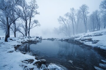 A breathtaking winter mountain landscape with snow-covered pine trees, a serene frozen lake, and a crisp blue sky