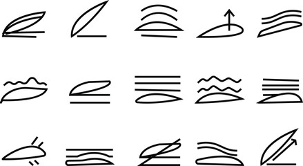 Aerodynamics line set icons, flight and air motion symbol collection, aviation and airflow isolated graphic group in minimal outline style, airplane, jet, thrust, lift, drag, streamline vector
