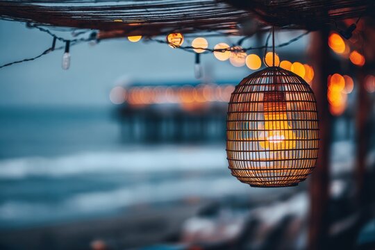 Woven lantern hangs illuminated at dusk by the ocean.
