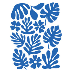 Blue abstract organic shapes and flowers on white background floral