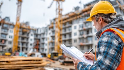 Construction worker in a safety helmet reviews blueprints at an active building site with scaffolding and cranes in the background.