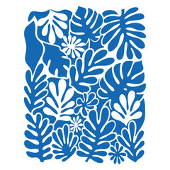 Blue and white abstract floral and leaf pattern cutout shapes background botanical