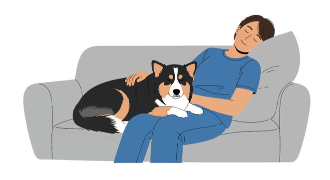 Peaceful man resting on a comfortable sofa with his beloved dog, embodying a calm and lazy day. Ideal for National Lazy Day.