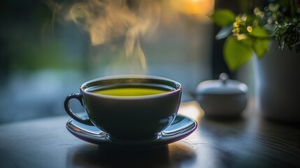 Fototapeta premium A steaming cup of tea sits on a saucer by a window, with soft natural light and greenery creating a warm, calming atmosphere.