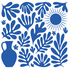Blue abstract organic shapes and sun motif with a jug white botanical