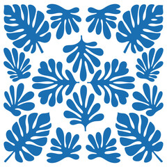 Blue monstera leaf pattern symmetrical arrangement on white background tropical leaf plant