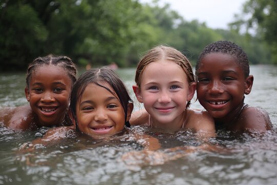 Happy multiracial family with parents, children, and friends smiling and having fun together in a pool