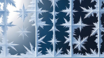 Intricate frost patterns forming star shapes on window panes during winter