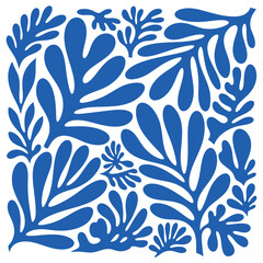 Blue organic shapes on white background abstract pattern botanical