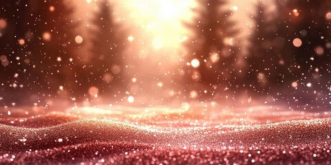 Naklejka premium A glowing golden light shines through a snowy forest, highlighting sparkling snowflakes and creating a magical winter atmosphere.