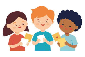 Global Kids Exchanging Greeting Cards Vector- Universal Children&rsquo;s Day Hand-Drawn Art.