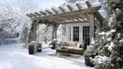 Majestic winter pergola blanketed in fresh snow highlighting its allseason functionality. This inviting outdoor space combines rustic charm with modern design offering a serene retreat - Powered by Adobe