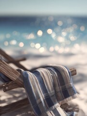 Obraz premium Striped beach towel draped over a wooden beach chair.