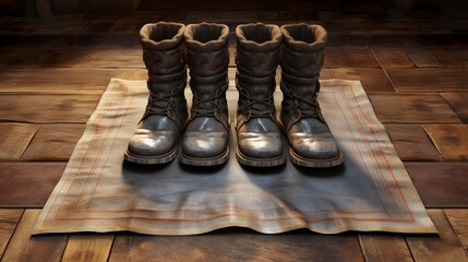 A photo of a pair of boots placed on a mat