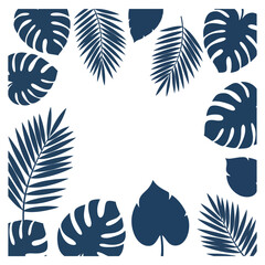 Dark blue tropical leaves arranged in a border on a white background monstera palm leaf
