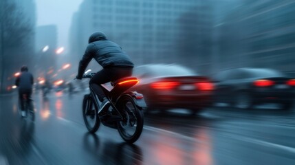 Fototapeta premium Man riding e-bike in rainy urban traffic at dusk
