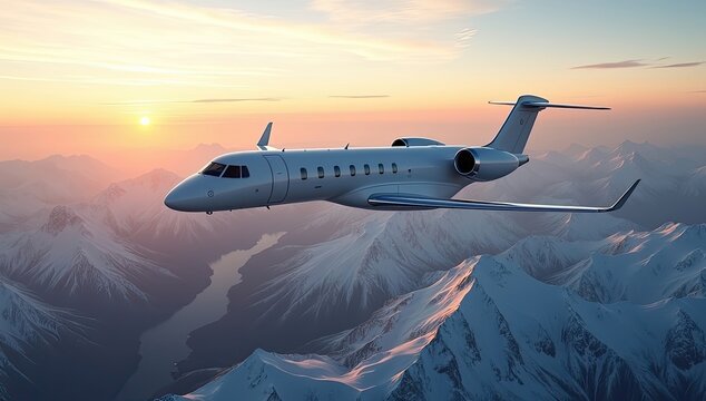 Airborne Adventure: A private jet soars gracefully over majestic snow-capped mountains at sunset, a symbol of luxury travel and boundless horizons. 