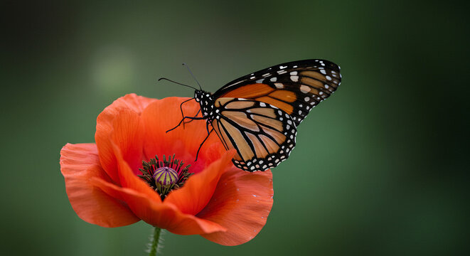 Monarch butterfly feeding on nectar of a red flower with a blurred background. - Powered by Adobe