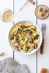 Penne pasta with chicken and mushrooms in creamy sauce. Italian cuisine. Recipe.