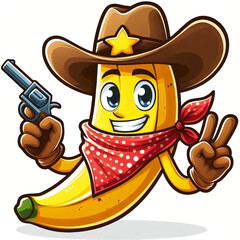 Rowdy banana cowboy, cartoon illustration. AI