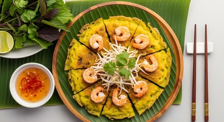 Crispy vietnamese crepe with shrimp and bean sprouts served on a banana leaf with herbs and sauce