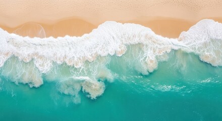 Ariel View of Gentle Ocean Waves Crashing on Sandy Beach