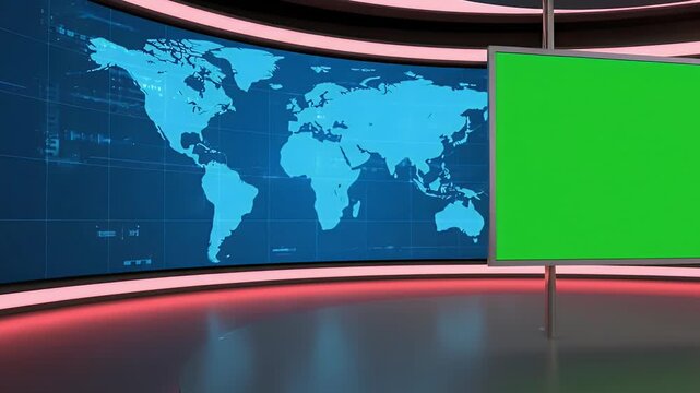 High Tech Virtual News Studio Set Design Featuring a Global World Map Screen and Customizable Green Screen Display for Broadcast Media Production