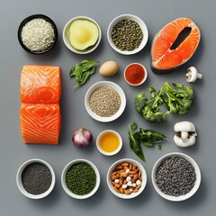 Naklejka premium Healthy food arranged in a grid
