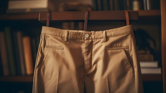 A photo of a pair of chinos on a shelf