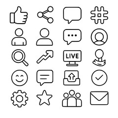 Collection of simple line icons representing social media, user interaction, and general web/app functions.