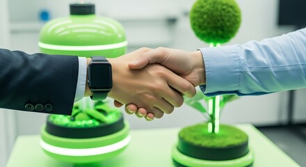 Two professionals shake hands in a modern office symbolizing a successful business agreement with green technology elements