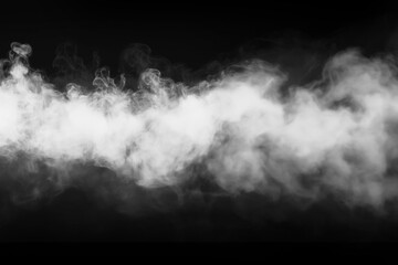 Smoke Wave Texture Illustration &ndash; Horizontal Band of White Fog Swirling Against Black Background Featuring Soft Curves, Gradients, and Atmospheric Motion Evoking Mystery, Elegance, and Depth
