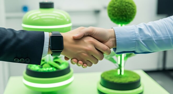 Two professionals shake hands in a modern office symbolizing a successful business agreement with green technology elements - Powered by Adobe
