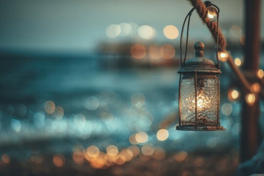 A vintage lantern hangs against a backdrop of twinkling lights and water.