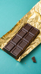 A luxurious dark chocolate block with its gold wrapper on a vibrant teal-colored surface.